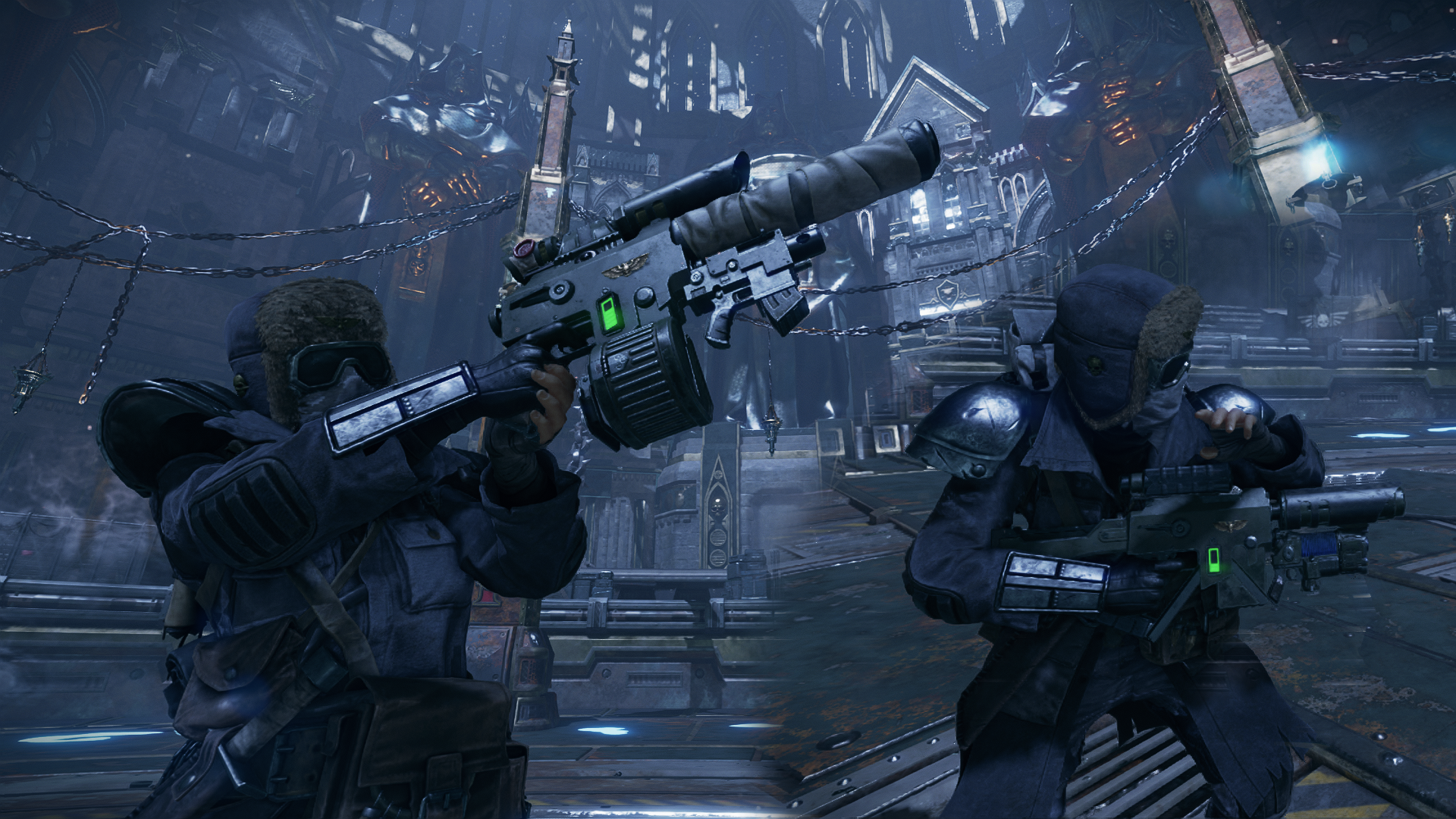 Two Valhallan Veterans wielding laspistols equipped with a bolt pistol and plasma pistol underbarrel, respectively